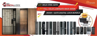 Gate, door and digital lock bundle offer 2024, Laminate Main door, Mild Steel Gate and Digital lock Bundle sale 2024