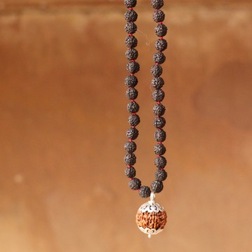 ShivaRatna 7 Mukhi Nepali Rudraksha Guru Mani with 108+1 Beads of 5 Mukhi Rudraksha Mala (Pure Silver Cap + Lab Certified)