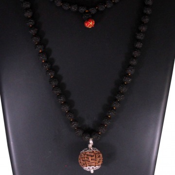 ShivaRatna 7 Mukhi Nepali Rudraksha Guru Mani with 108+1 Beads of 5 Mukhi Rudraksha Mala (Pure Silver Cap + Lab Certified)